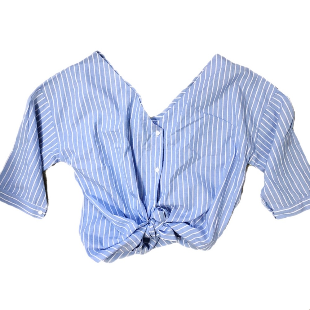 Blue with white stripes off the shoulder shirt
